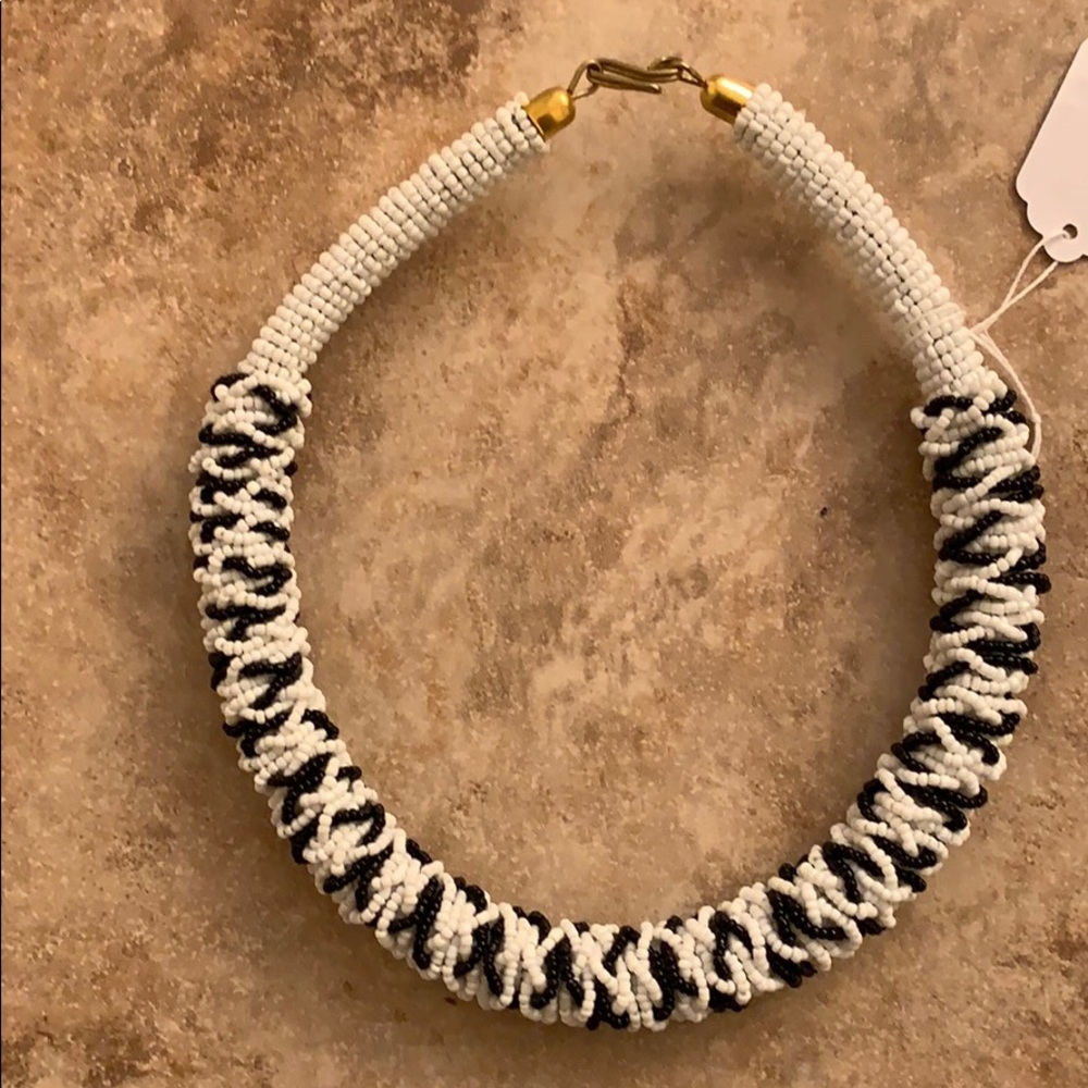 Handmade black and white beaded necklace.